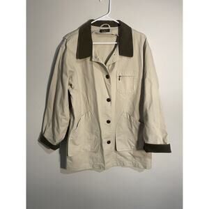 Vintage LL Bean Barn Jacket Women’s L Tan Canvas Chore Field Coat Corduroy Trim